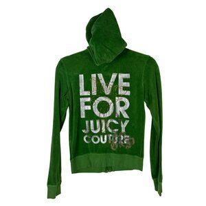 VINTAGE Juicy Couture M Green Velour Zip-Up Hoodie Rhinestone Logo